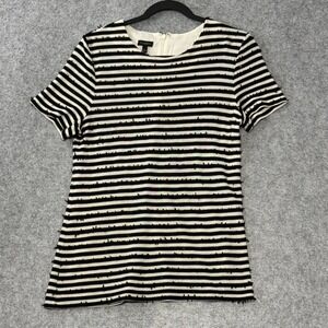 Talbots Womens Top‎ Large Black Cream Striped Eyelash Sequin Short Sleeve FLAW